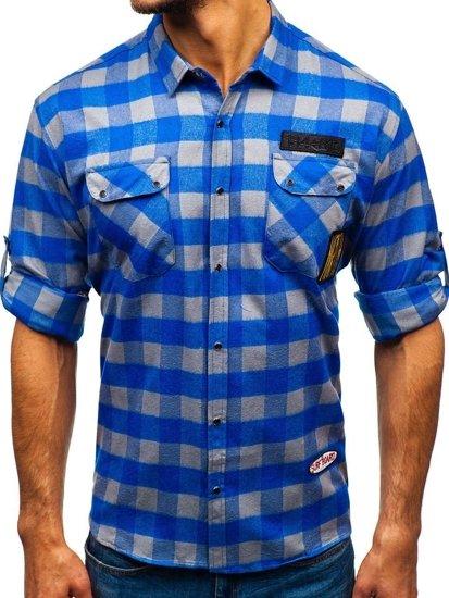 Camicia di flanella a manica lunga da uomo azzurro-grigia Bolf 2503