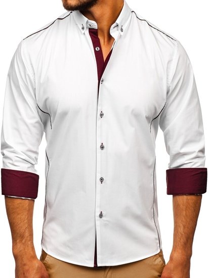 Camicia elegante a manica lunga da uomo bianco-bordò Bolf 5722-1