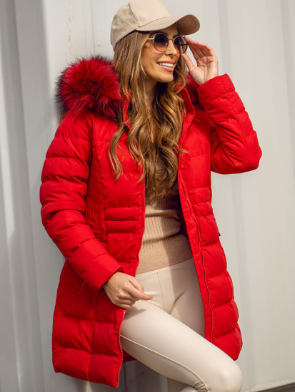 Giubbotto invernale trapuntato lungo con cappuccio da donna rosso Bolf 16M9061