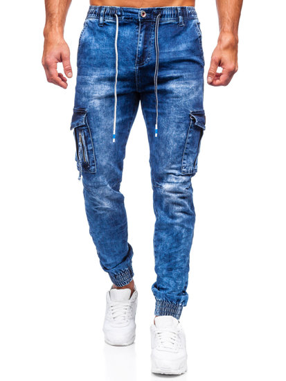 Pantaloni in jeans tipo cargo da uomo blu Bolf TF131