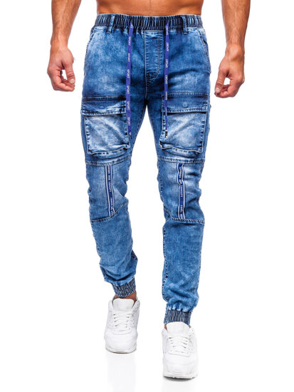 Pantaloni jogger in jeans tipo cargo da uomo blu Bolf TF143
