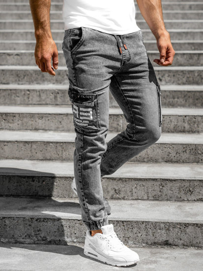Pantaloni jogger in jeans tipo cargo da uomo neri  Bolf HY851