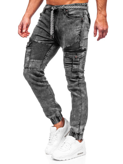 Pantaloni jogger in jeans tipo cargo da uomo neri Bolf TF166