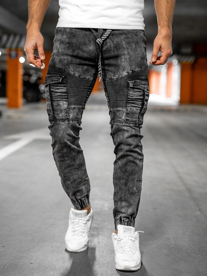 Pantaloni jogger in jeans tipo cargo da uomo neri Bolf TF166