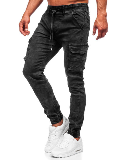 Pantaloni jogger in jeans tipo cargo da uomo neri Bolf TF256