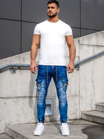 Pantaloni jogger tipo cargo in jeans slim fit da uomo blu Bolf E9639