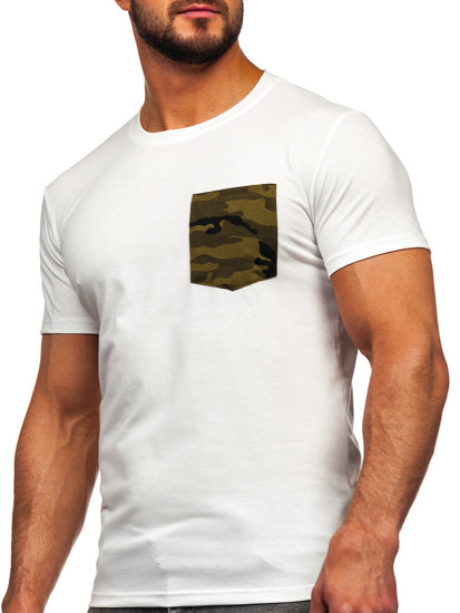 T-shirt con taschino con stampa mimetica da uomo bianco-verde Bolf 8T85