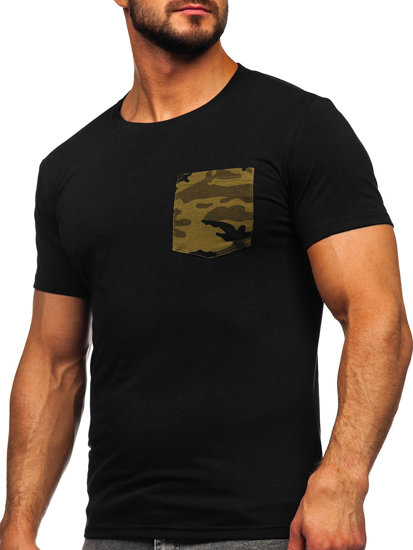 T-shirt con taschino con stampa mimetica da uomo nero-verde Bolf 8T85