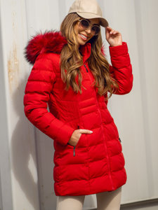 Giubbotto invernale trapuntato lungo con cappuccio da donna rosso Bolf 16M9061
