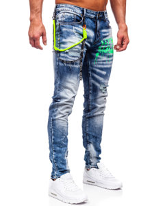 Pantaloni in jeans slim fit con bretelle da uomo blu Bolf E7853