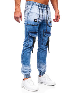 Pantaloni jogger in jeans tipo cargo da uomo azzurri Bolf TF144