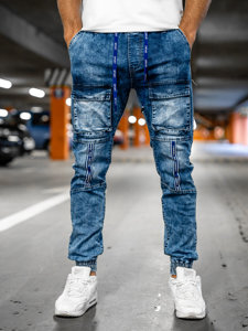 Pantaloni jogger in jeans tipo cargo da uomo blu Bolf TF143
