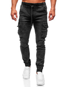 Pantaloni jogger in jeans tipo cargo da uomo neri Bolf TF256
