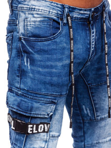 Pantaloni jogger tipo cargo in jeans slim fit da uomo blu Bolf E9639