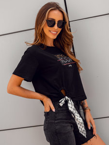 T-shirt stampata con paillettes da donna nera Bolf DT101A